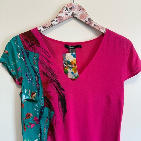 NWT DESIGUAL Pink & Teal Feather Print Shift Dress Women’s Size 2 - Picture 4 of 10